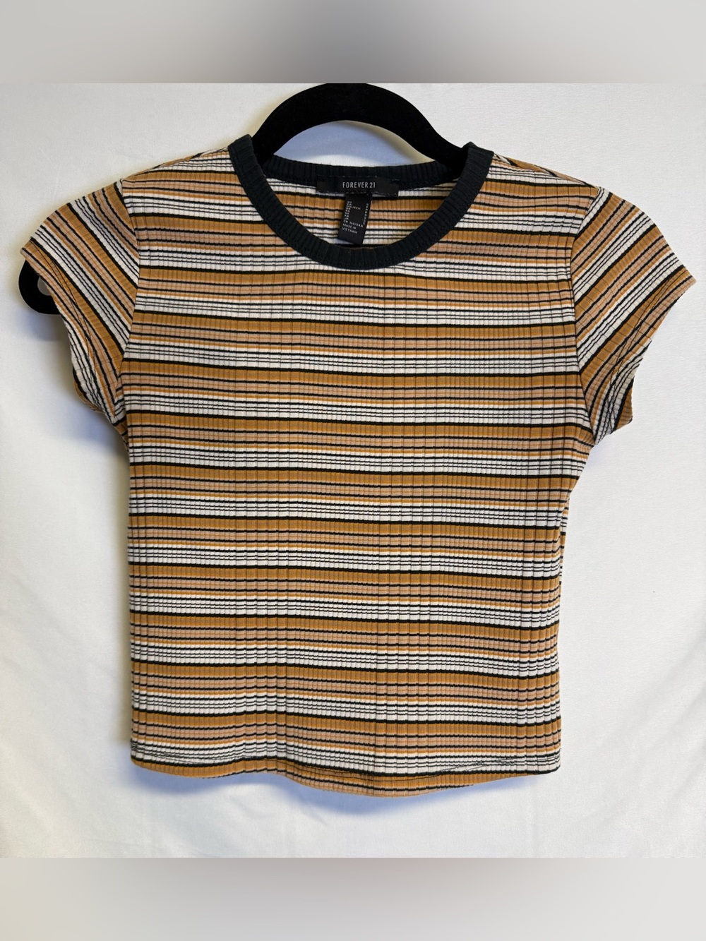 Forever 21 Black, Tan & White Striped Ribbed Short Sleeve Tee